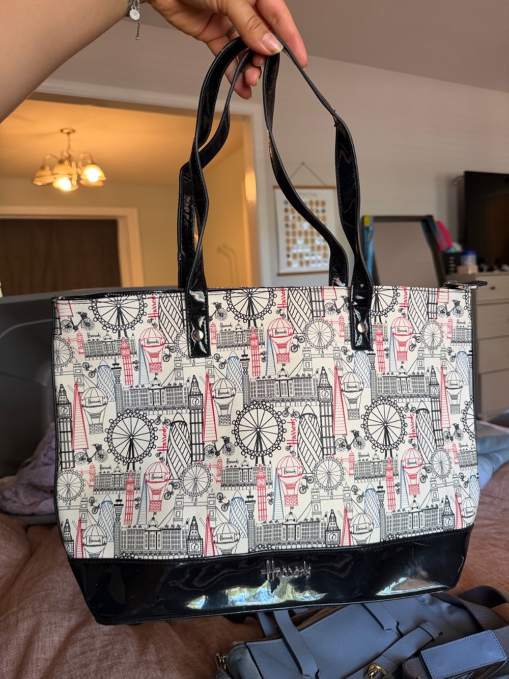 Black & Cream London Print Tote Bag with Pink Accents